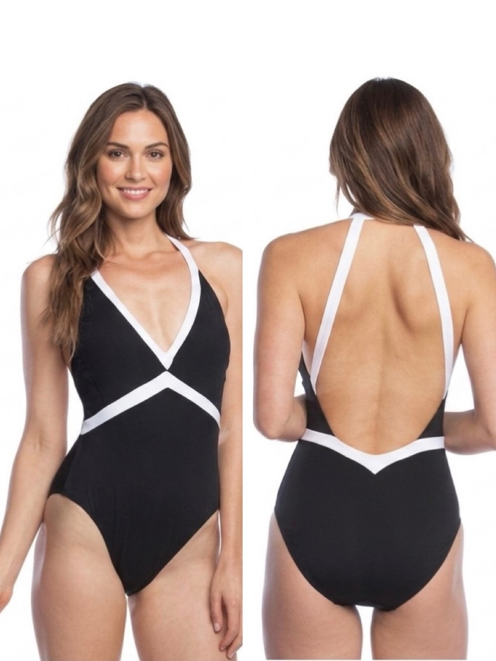 Ralph Lauren NEW Halter V-Neck Backless 12 Black White 1PC Swimsuit Colorblock